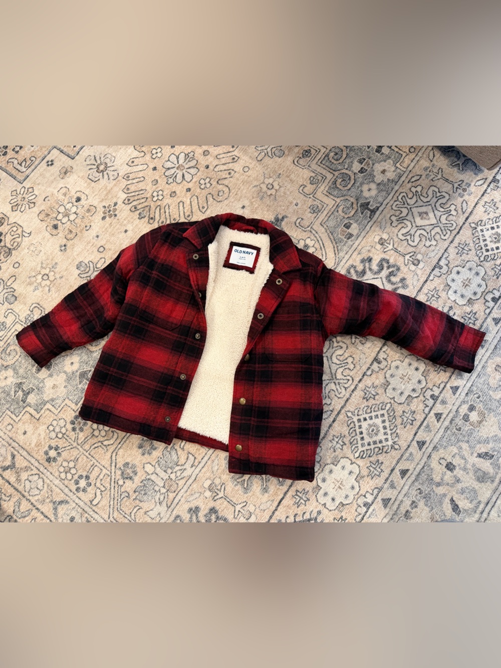 Old Navy Cream Sherpa-Lined Plaid Jacket with Red Trim